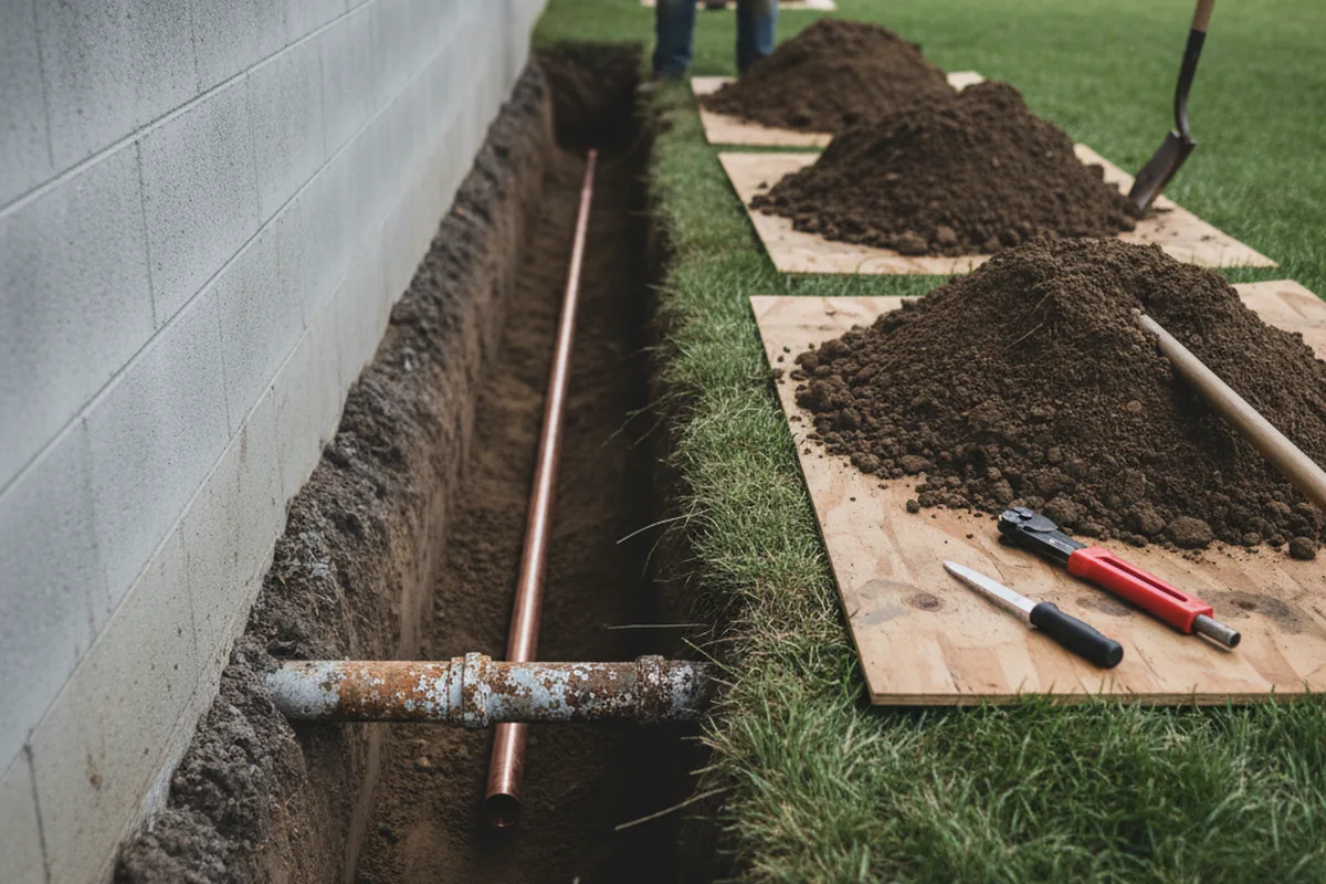 Excavated water line trench during Sewer Line Repair in Tovey